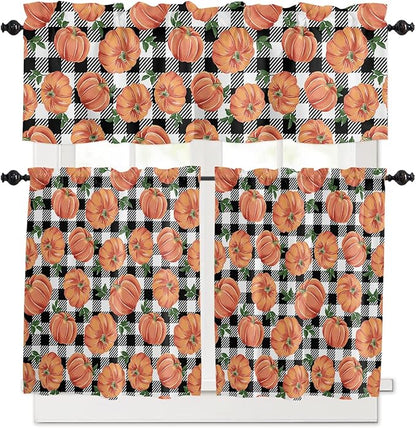 Fall Kitchen Curtains and Valances Set, Thanksgiving Halloween Pumpkins Small Window Treatments Tiers Half/Short Curtains for Cafe /Living Room/ Bedroom 54x 36 in, Farmhouse Black White Buffalo Plaid