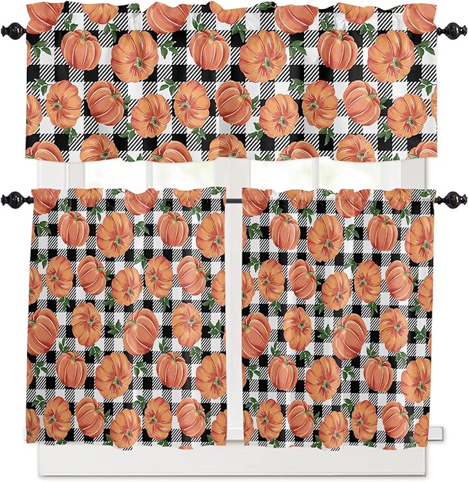 Fall Kitchen Curtains and Valances Set, Thanksgiving Halloween Pumpkins Small Windows Treatments Tiers Half/Short Curtains forCafe /Living Room/Bedroom 54x24 in, Farmhouse Black White Buffalo Plaid