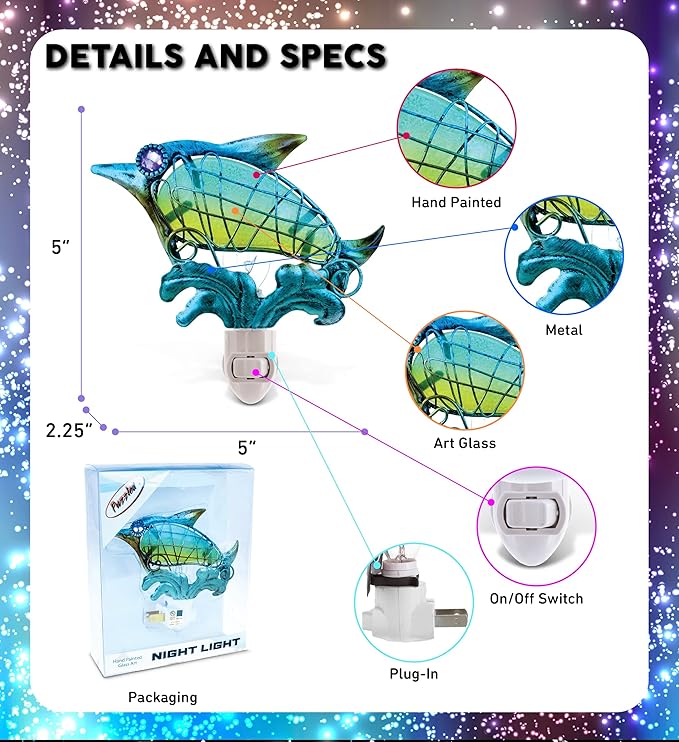 CoTa Global Dolphin Night Light – Wall Plug in Night Light with Switch, Hand Made Metal & Glass Nightlight for Bathroom, Nursery, Hallway, Kitchen, & Bedroom – 5 Inches