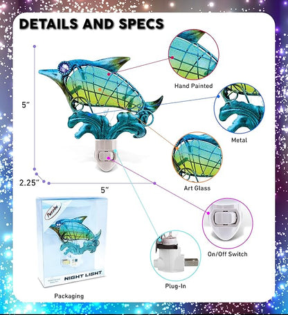 CoTa Global Dolphin Night Light – Wall Plug in Night Light with Switch, Hand Made Metal & Glass Nightlight for Bathroom, Nursery, Hallway, Kitchen, & Bedroom – 5 Inches