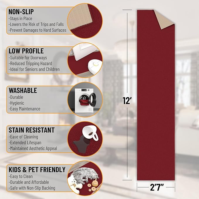 Machine Washable Modern Solid Design Non-Slip Rubberback 3x12 Traditional Runner Rug for Hallway, Kitchen, Bedroom, Living Room, 2'7" x 12', Red