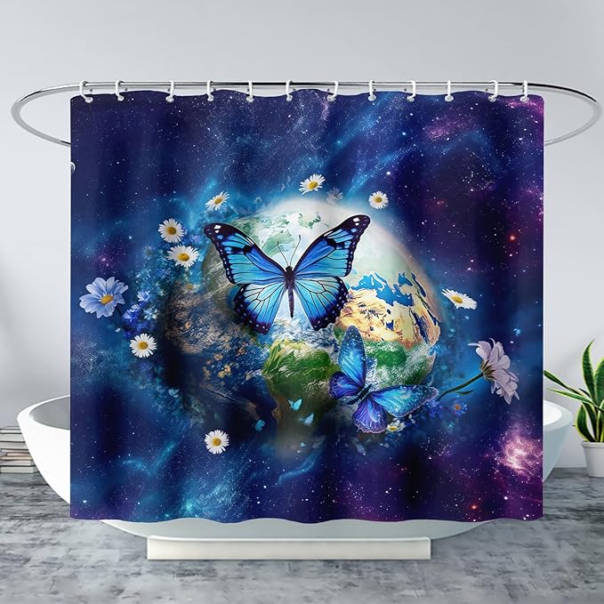 AILONEN Blue Butterfly Shower Curtain 72" W*78" H,Mystic Galaxy Earth Starry Bathroom Decor,Modern Floral Butterfly Bath Curtain Polyester Waterproof Bathroom Curtain with 12 Hooks