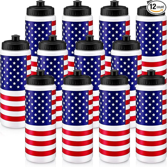 Honeydak Sports Squeeze Water Bottles Patriotic Water Bottles 20oz American Flag Water Bottles with Pull Top Cap Reusable Plastic Water Bottles for Fitness Camping Sports Outdoor Activity Gym
