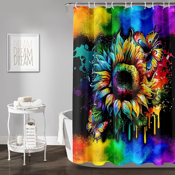 AILONEN Sunflower Shower Curtain, Watercolor Flower Rainbow Decoration,Polyester Fabric,Waterproof with 12 Plastic Hooks Shower Curtains Washable, 72" W x 84" H