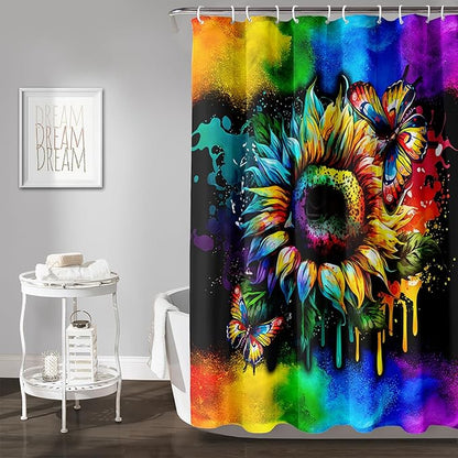 AILONEN Sunflower Shower Curtain, Watercolor Flower Rainbow Decoration,Polyester Fabric,Waterproof with 12 Plastic Hooks Shower Curtains Washable, 72" W x 78" H