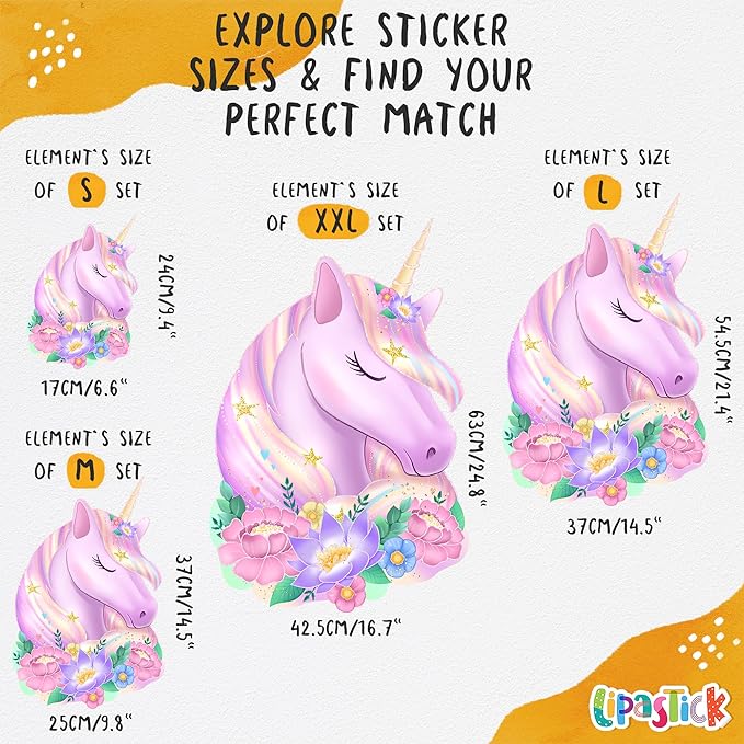 Unicorn Wall Decals Pack of 4 Sheets 135 pcs by Lipastick - Rainbow Wall Stickers – Princess Castle with Hearts Clouds Stars Wall Decals Decor for Girls Kids Bedroom Birthday Party Size XXL