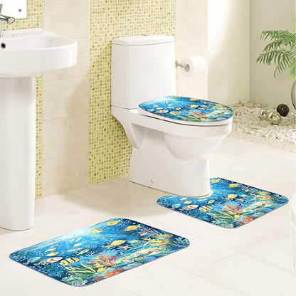 4PCS Fish Shower Curtain Set with 12 Hooks for Bathroom Sets Fish Decor, Non-Slip Rugs and Toilet Mat Lid Rug, Durable Waterproof for Bathroom Ocean Underwater World Decor 72x72 Inch