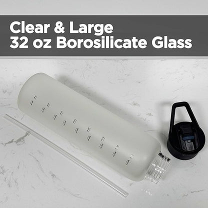 32 oz Motivational Glass Water Bottle with Straw Lid and Neoprene Sleeve | Sport Water Bottle with Measurements (Black)