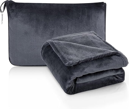 ATsense Travel Blanket Pillow, Premium 2 in 1 Soft Airplane Blanket Compact with Bag Pillowcase, Hand Luggage Sleeve and Backpack Clip - Travel Essentials for Long Trips, Flying and Car, Dark Grey