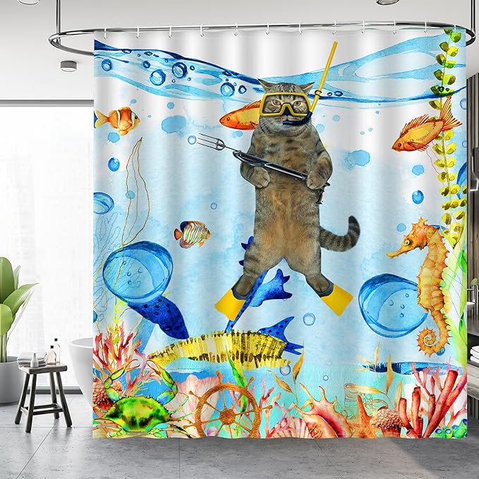 Aimego Long Funny Shower Curtain - Cat Sea Ocean Animal Underwater Tropical Fish Coral Seahorse Fabric Cloth Shower Curtain Set with 12 Hooks for Bathroom Decor Accessories Bathtub Curtain, 72"x78"