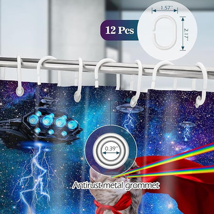 Aimego Extra Long Shower Curtain - Funny Cute Cool Cat on Fantasy Outer Space Galaxy Universe UFO Fabric Cloth Shower Curtain Set with 12 Hooks Bathroom Decor Accessories Bathtub Curtain, 72"x84"