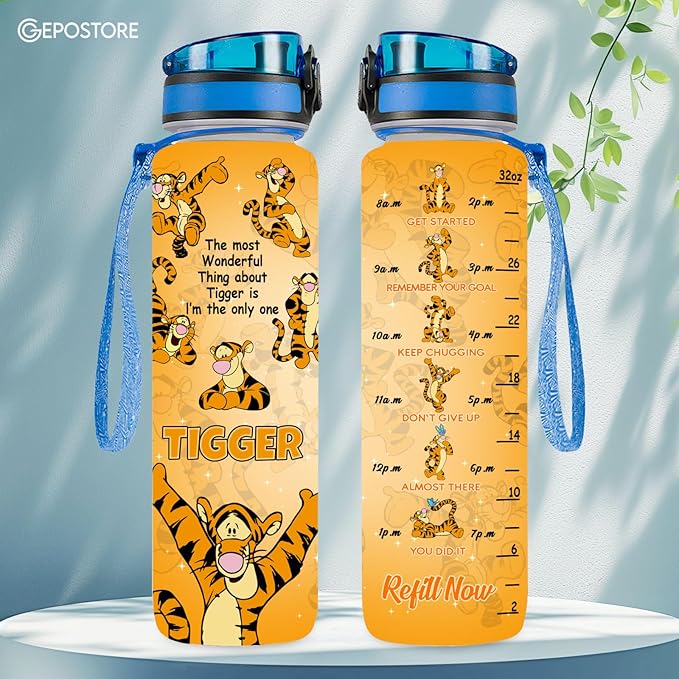 Orange Tiger 32 Oz Insulated Water Track Bottle, Orange Cartoon Character Water Bottle With Time Marker, Motivational Gifts For Cartoon Lovers