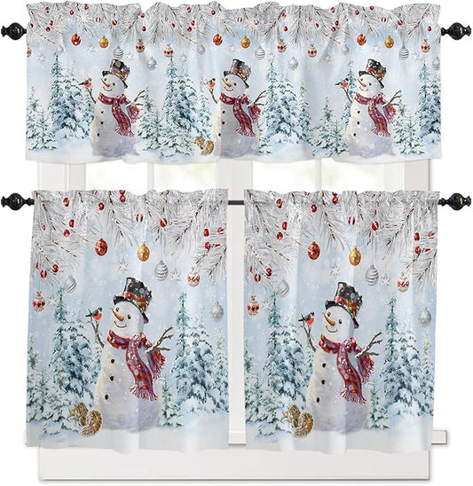 Snowman Kitchen Curtains and Valances Set, Blue Merry Christmas Tree Red Balls Squirrel Windows Treatments Tiers Half/Short Curtains for Small Windows Cafe /Living Room/ Bedroom 54x36 in Winter