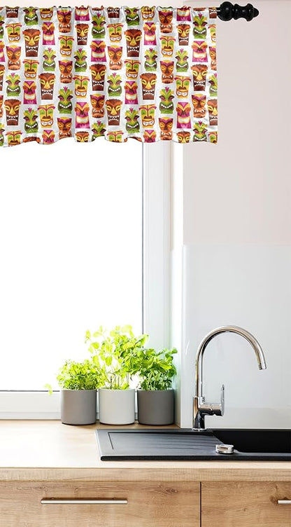 Ambesonne Tiki Bar Window Valance, Sixties Retro Inspired Hawaiian Party Happy Tiki Pattern Colorful, Curtain Valance for Kitchen Bedroom Decor with Rod Pocket, 42" x 18", Multicolor