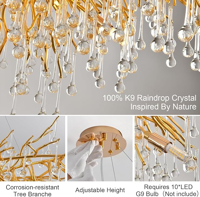 31.5 Inch Modern Crystal Chandeliers,10-Light Gold Tree Branch Chandelier Hanging Light Fixtures,Raindrop Chandeliers for Dining Room,Living Room