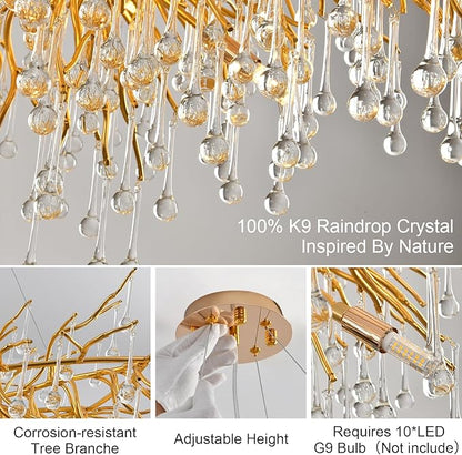31.5 Inch Modern Crystal Chandeliers,10-Light Gold Tree Branch Chandelier Hanging Light Fixtures,Raindrop Chandeliers for Dining Room,Living Room