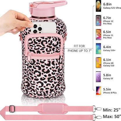 Fimibuke Half Gallon Water Bottle with Sleeve 64 OZ Water Bottle with Handle & Straw Leakproof Motivational Sports Gym Water Bottle with Time Marker BPA Free Water Jug with Reusable Neoprene Holder