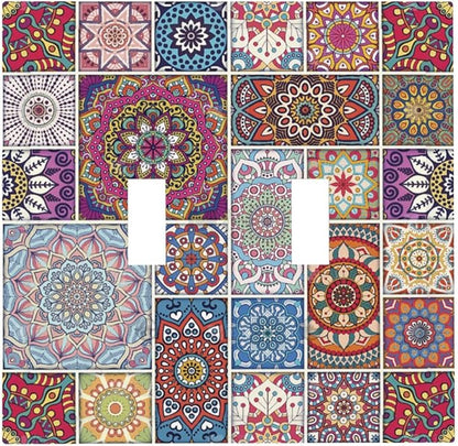 Morocco Talavera Mexican Tiles Printed Colroful Mandala Double Toggle Light Switch Covers 2 Gang Wall Plate Dual Decorative Switchplate Electrical Faceplate for Kitchen Bathroom Bedroom Decor