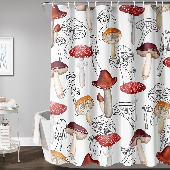 AILONEN Cartoon Mushroom Shower Curtain,Modern Shabby Chic Plants Fungus Themed Waterproof Bath Curtain,Minimalist Curtain for Bathroom Decor, 72" W x 72" H