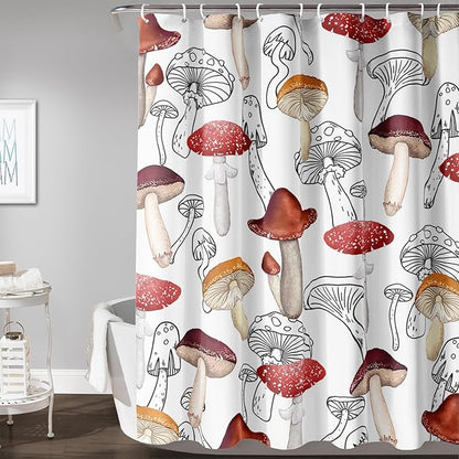 AILONEN Cartoon Mushroom Shower Curtain,Modern Shabby Chic Plants Fungus Themed Waterproof Bath Curtain,Minimalist Curtain for Bathroom Decor, 36" W x 72" H