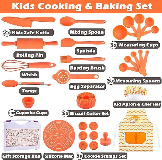 45 Pcs Kids Cooking & Baking Set with Storage Box Real Kids Cooking Utensil Set for Kids Baking Gift for Girls and Boys