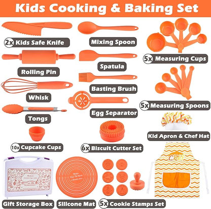45 Pcs Kids Cooking & Baking Set with Storage Box Real Kids Cooking Utensil Set for Kids Baking Gift for Girls and Boys
