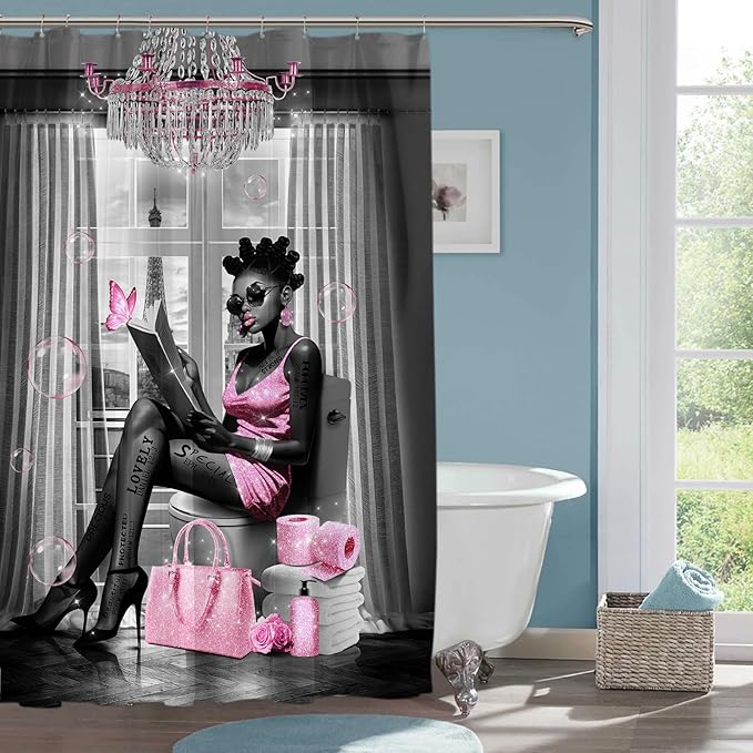 African American Shower Curtain Fashion Black Girl Shower Curtains for Bathroom Decor Grey Pink Waterproof Polyester Fabric Afro Black Women Bathroom Curtain with Hooks 66x72 Inch