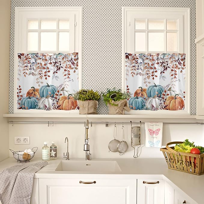 Fall Thanksgiving Kitchen Curtains and Valances Set, Watercolor Autumn Pumpkins Eucalyptus Leaves Small Windows Treatments Tiers Half/Short Curtains forCafe /Living Room/ Bedroom 54x24 in,Blue Orange
