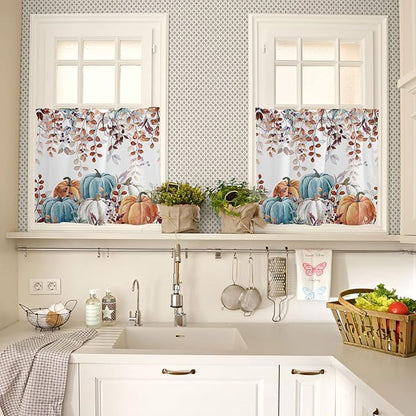 Fall Thanksgiving Kitchen Curtains and Valances Set,Watercolor Autumn Pumpkins Eucalyptus Leaves Small Window Treatments Tiers Half/Short Curtains for Cafe /Living Room/ Bedroom 54x 36 in,Blue Orange