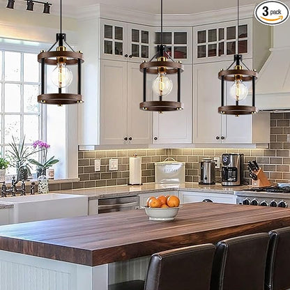 MO&OK Set of 3 Chandelier Vintage Pendant Light Fixture, Wood Color Farmhouse Wooden Metal Chandeliers, Open Frame Hanging Lighting for Diningroom,Bar,Entrance Hall,Kitchen Island H10.6 xD6.7