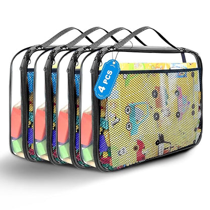 4 Packs PVC Toy Zippered Blocks, Travel Storage Case Bags for Organizing, Waterproof Toy Storage Bags with Mesh Pockets for Building Blocks, Puzzles, Clays,Toy Cars 11.8"Lx3" Wx9" H (Black).
