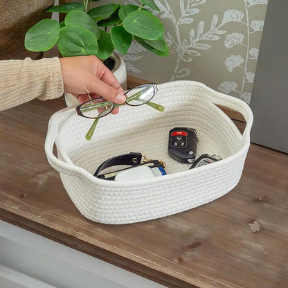 OrganiHaus Set of 5 White Rectangle Bathroom Storage Baskets for Organizing, Small Woven Baskets for Storage Baskets for Bathroom, Nursery Storage Basket for Baby Nursery Organization, Cute Bins