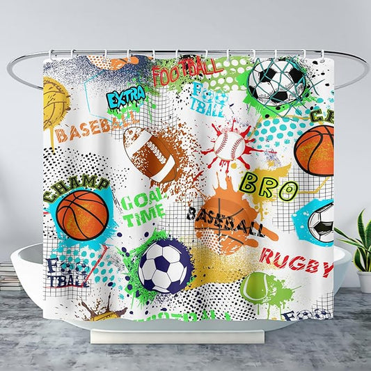 AILONEN Sport Shower Curtain,Graffiti Basketball Football Baseball Rugby Sport Art Bath Curtain Minimalist Bathroom Curtain 72" W*96" H Polyester Waterproof Bathroom Curtain with 12 Hooks