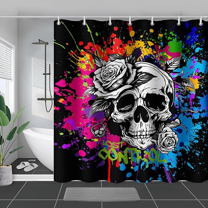 AILONEN Rose Skull Shower Curtain for Bathroom,Colorful Graffiti Art Bathroom Curtain for Kids Boys Girls,Bath Curtain 60" W*72" H Polyester Waterproof Bathroom Curtain with 12 Hooks