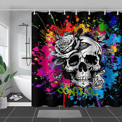 AILONEN Rose Skull Shower Curtain for Bathroom,Colorful Graffiti Art Bathroom Curtain for Kids Boys Girls,Bath Curtain 60" W*72" H Polyester Waterproof Bathroom Curtain with 12 Hooks