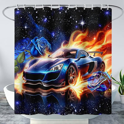 AILONEN Racing Car Shower Curtain for Bathroom, Blue Galaxy Starry Sports Cat Bath Curtain,Speed Car Shower Curtain for Kids Teen,Waterproof Curtain Bathroom 48" W*72" H Decor with 12 Plastic Hooks