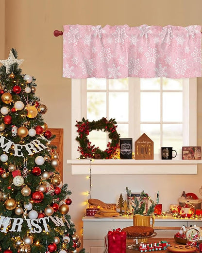 Christmas Valance Curtains for Kitchen Windows Pink White Snowflakes Pattern Rod Pocket Window Treatment Toppers for Kitchen/Living Room/Bedroom/Bathroom, 54" X 18", Winter
