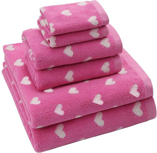 6 Piece Towel Set - Bath Time Hearts - 2 Bath Towels, 2 Hand Towels, 2 Washcloths in Bonus Tote Bag - 100% Cotton Jacquard Colorful Soft Absorbent Pool Beach Kids Towel Gift - Pink White