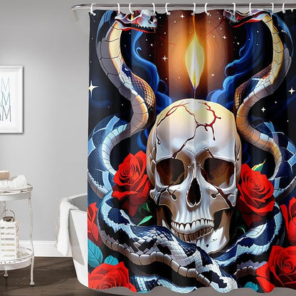 AILONEN Skull Shower Curtain for Bathroom,Red Rose Terror Snake Skull Bath Curtain,Goth Skull Skeleton Print Waterproof Curtain with 12 Plastic Hooks, 60" W*72" H
