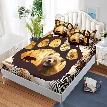AILONEN Cute Bear Twin Fitted Sheet Set for Girls Boys, Bear Paw Sheet Leopard Print Fitted Sheet with 2 Pillowcases,3 Pieces Rustic Vintage Bear Bed Sheet Set