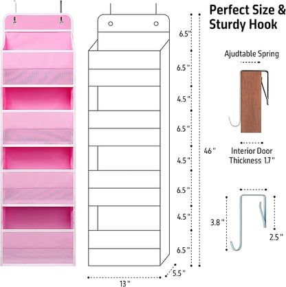 Heavy Duty Over Door Organizer, Wall Mount Hanging Organizer Storage with 4 Large Capacity Pockets, Closet Bathroom Nursery Bedroom Dorm, Toys Cosmetics Sundries and Baby Essentials, Pink