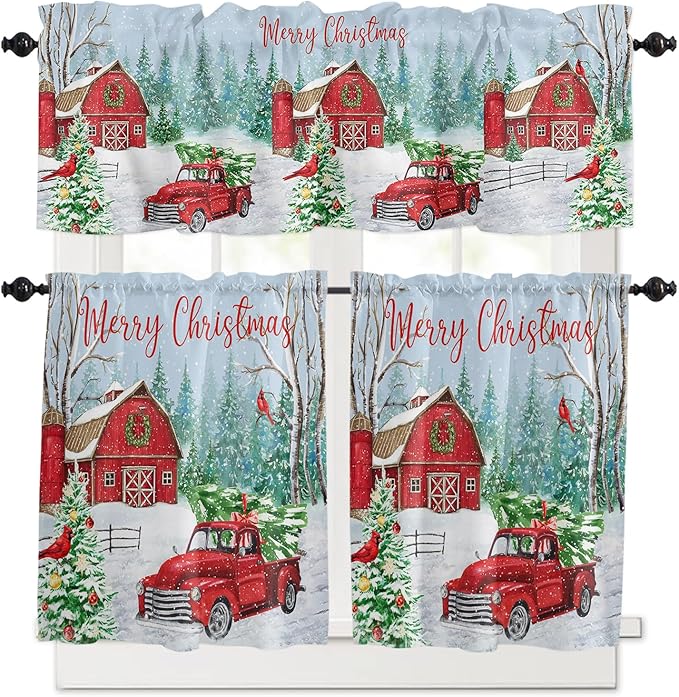 Red Truck Christmas Kitchen Curtains and Valances Set, Merry Christmas Farmhouse Windows Treatments Tiers Half/Short Curtains for Small Windows Cafe /Living Room/ Bedroom 54x36 in Winter Xmas Tree