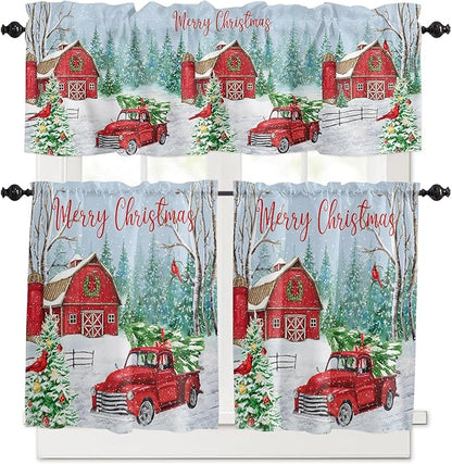 Red Truck Christmas Kitchen Curtains and Valances Set, Merry Christmas Farmhouse Windows Treatments Tiers Half/Short Curtains for Small Windows Cafe /Living Room/ Bedroom 54x24 in Winter Xmas Tree