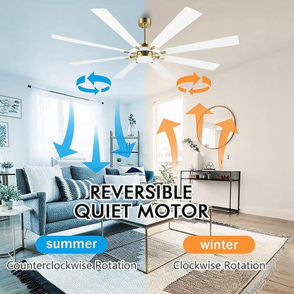 80" Ceiling Fan with Lights and Remote Control, Wood 8 Blades 6-Speed Noiseless Reversible DC Motor, 3 Downrods, Modern Large Ceiling Fan for Bedroom Dining Living Room, Gold Finish+White