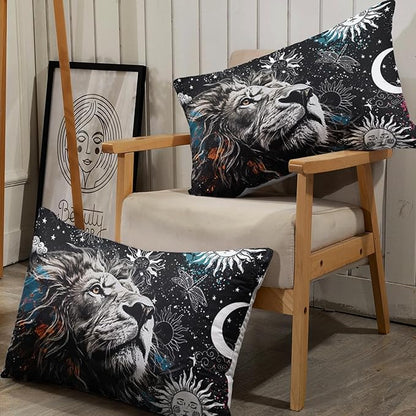 AILONEN Lion Print Twin XL Size Fitted Sheet Set for Boys, Sun and Moon Bed Sheet Cover Set TwinXL,3 Pieces Black and White Sheet Set TwinXL Galaxy Lion Fitted Sheet with 2 Pillowcases