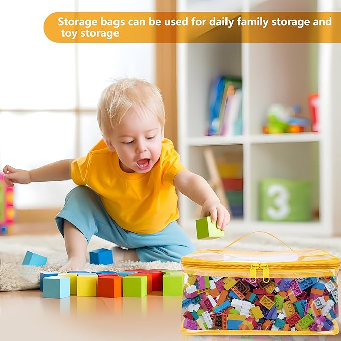 3 Packs Clear Toy Storage Bags- 9.4 x 6.7 x 4.3 Inch Transparent PVC Toy Organizing Bags with Zipper- Waterproof Toy Storage Organizer Pouch for Building Blocks, Small Toys (Yellow)