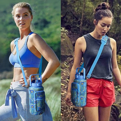 Peacock Half Gallon Water Bottle with Sleeve Water Bottle 64 Oz Water Bottle with Time Marker, Leakproof-Free Drinking Water Bottle, Sports Water Bottle Peacock Feather Half Gallon Water Jugs