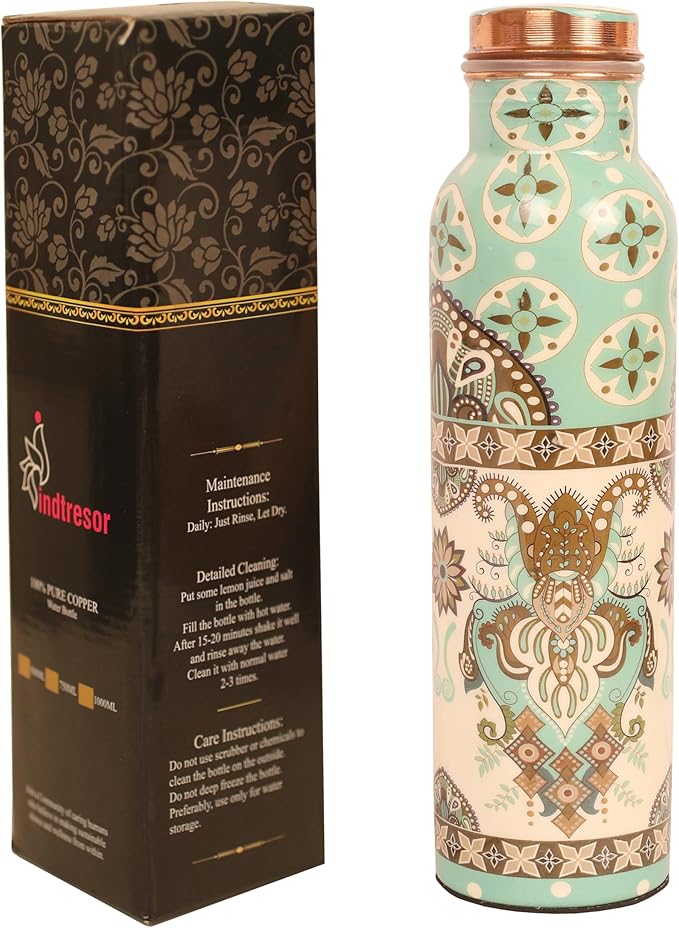 Pure Copper Water Bottle Handcrafted - Ayurveda health benefits - Large 35 oz - Leak proof, Easy to carry for Sports, Fitness, Yoga, School- Exemplary Royal Floral Patterns Sky Blue Enamel