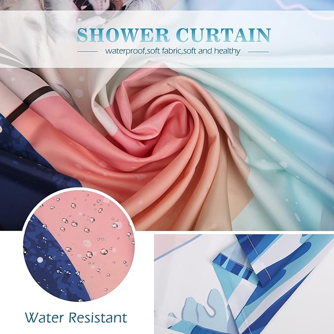 Aimego Extra Long Shower Curtain - Funny Cute Cat Riding Shark in Ocean Wave, Whale Cat Fabric Cloth Fun Bath Shower Curtain Set with 12 Hooks for Bathroom Decor Bathtub Curtain, 72"x84"