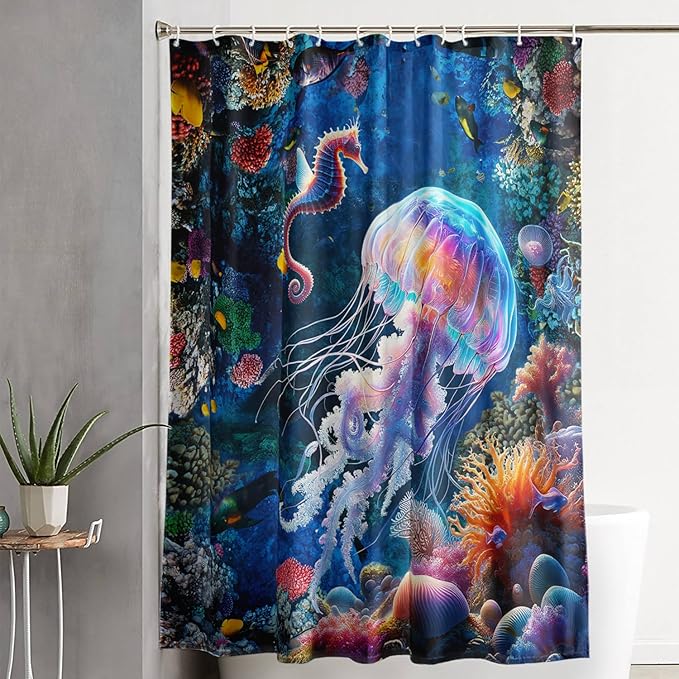 AILONEN Cartoon Jellyfish Shower Curtain,Underwater Animal Seahorses Style Bathroom Curtains Set for Kids,Girls,Ocean Theme Shower Curtains Set with Hooks for Bathroom,36" W*72" H
